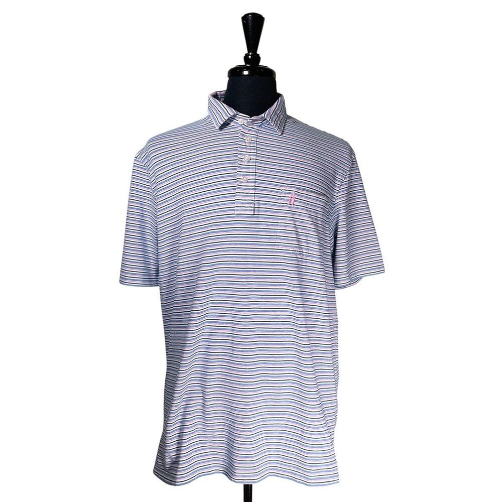 johnnie-O Mens XL Hangin' Out Polo Shirt Blue Pink Stripe Cotton Stretch Golf